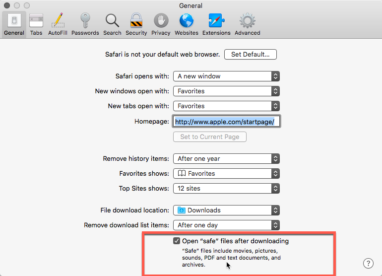 Unselect Safari's "Open safe..." option